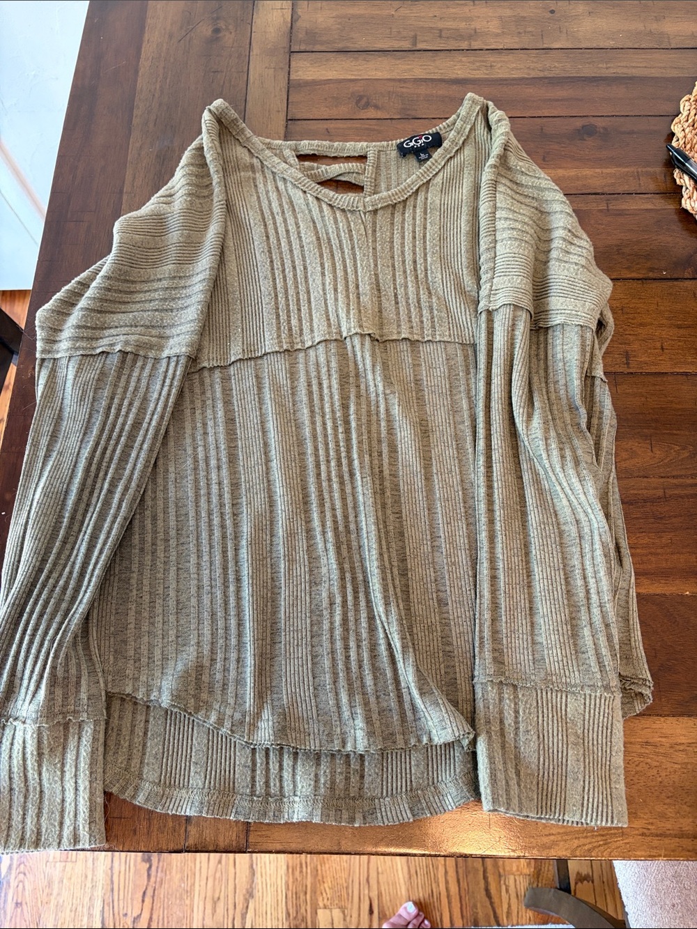 G by Guess Olive Ribbed Scoop-Neck Sweater - Lightweight Layering Crew